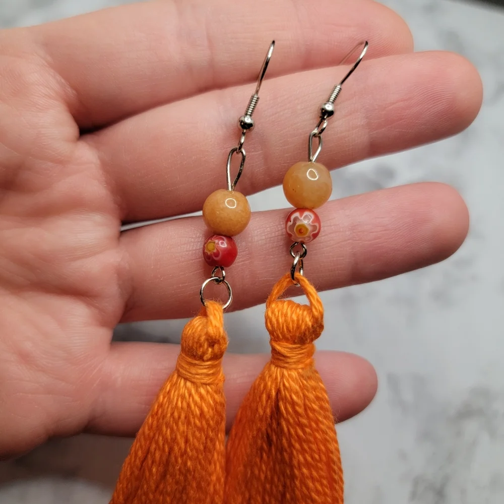Handmade Tassel Earrings Orange Glass and Stone Bead